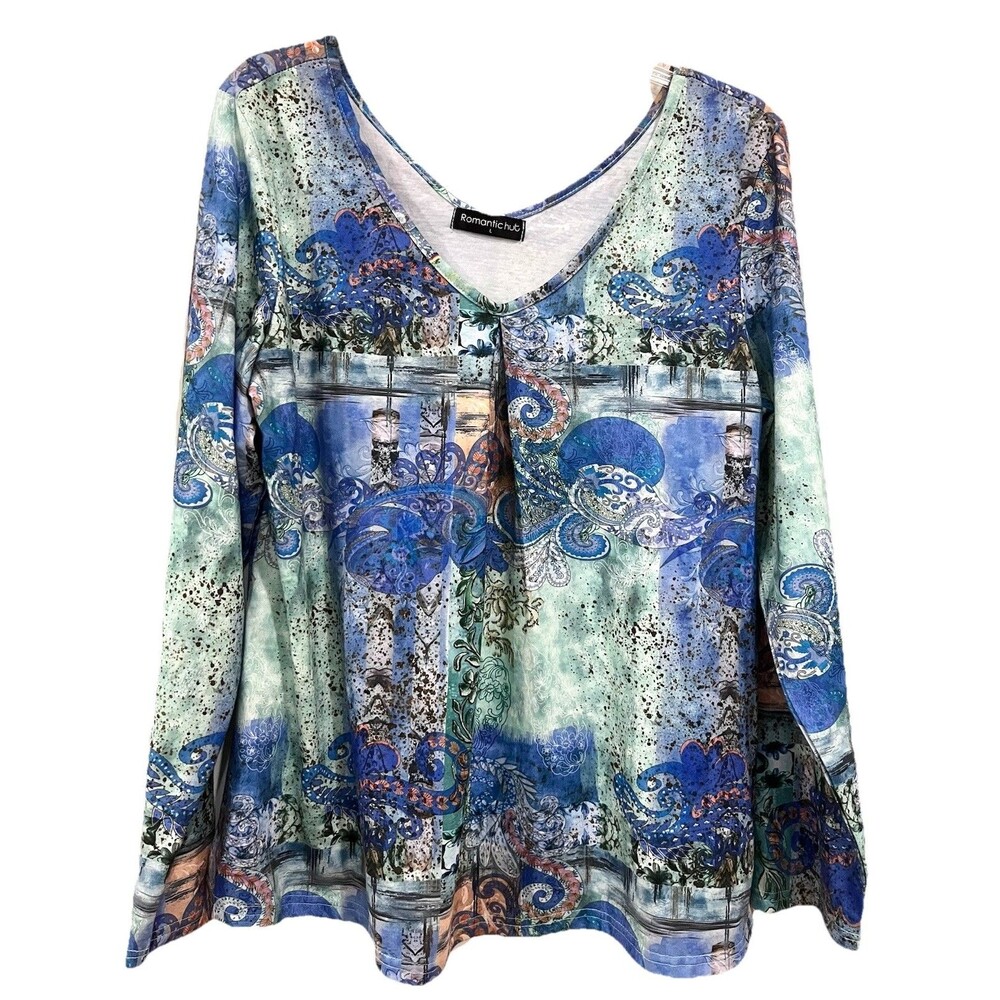 Romantic Hut Long Sleeve V-neck Bohemian Jersey Top Blue Green Floral Size Large